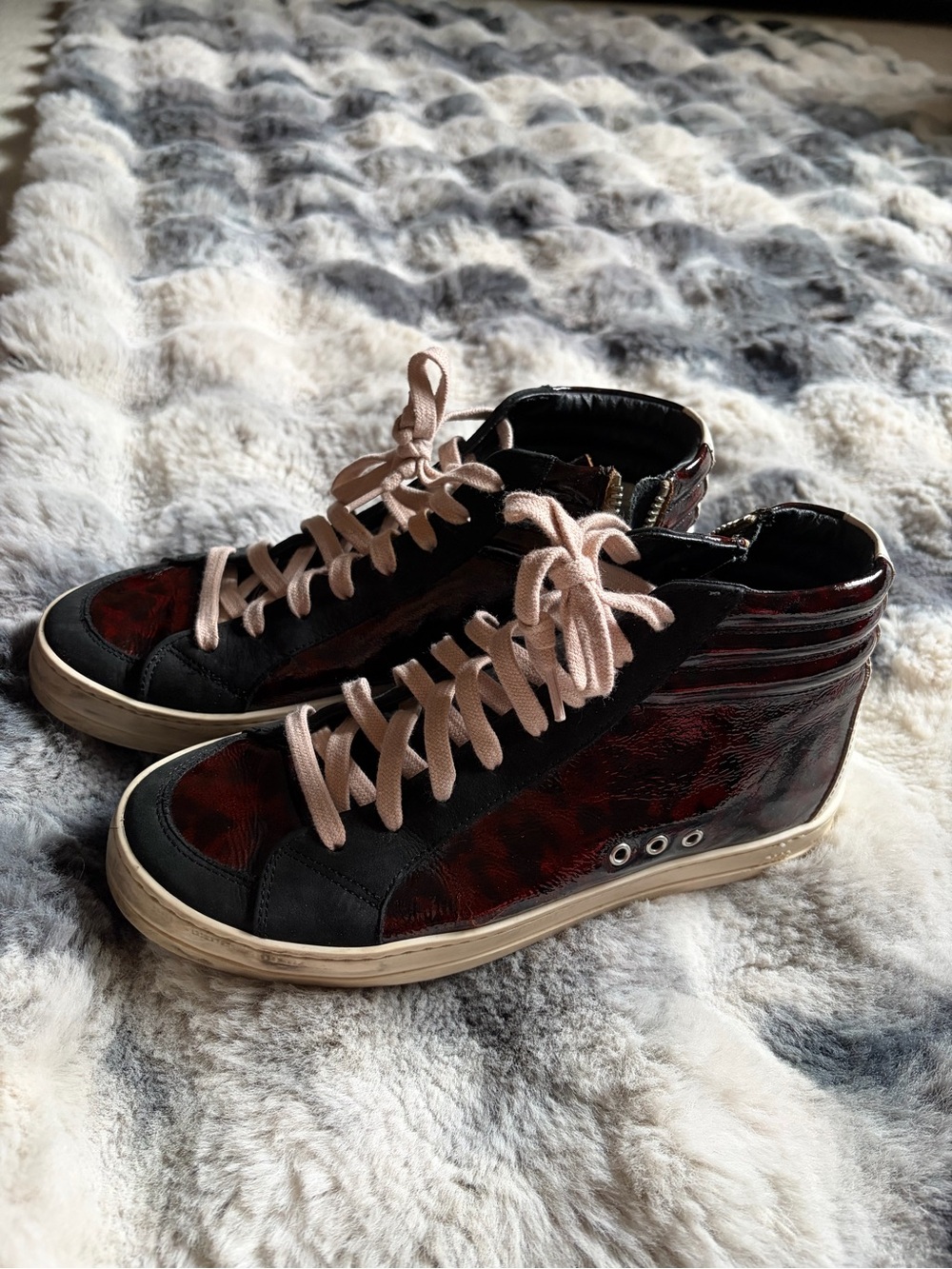 P448 Skate Burgundy Leopard Patent Leather High Top Sneakers Side Zip